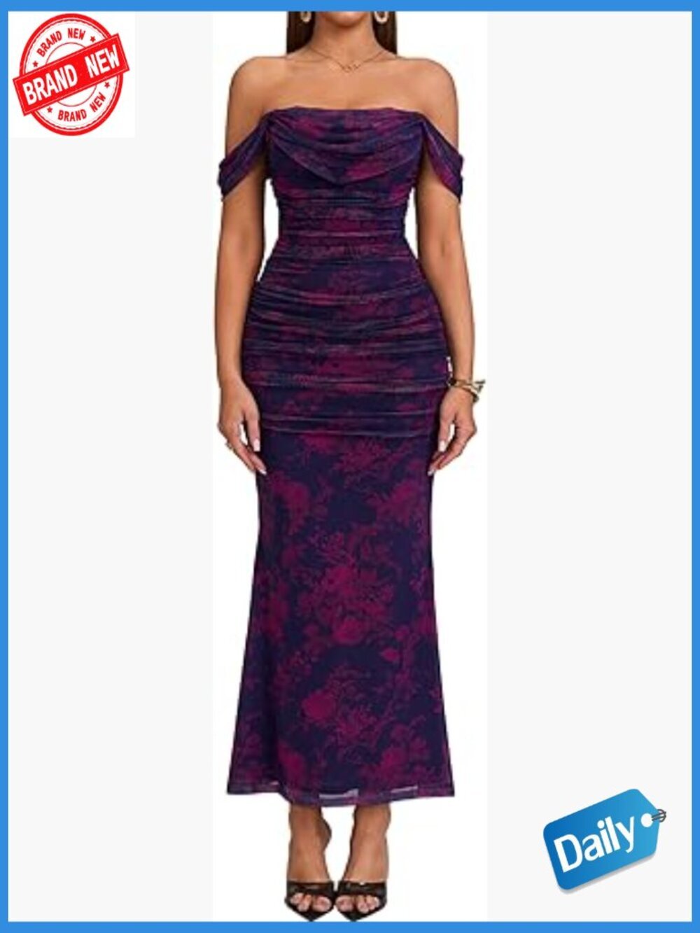 Off Shoulder Corset Ruched Bodycon Maxi Dress with Floral Pattern for Formal